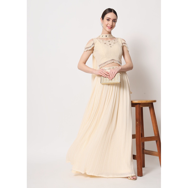 Party Wear Lovely Beige Georgette Crushed Lehenga Choli
