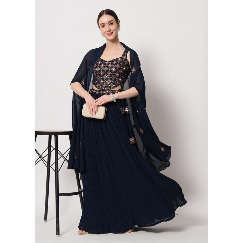 Party Wear Stunning Navy Blue Georgette Crushed Lehenga Choli
