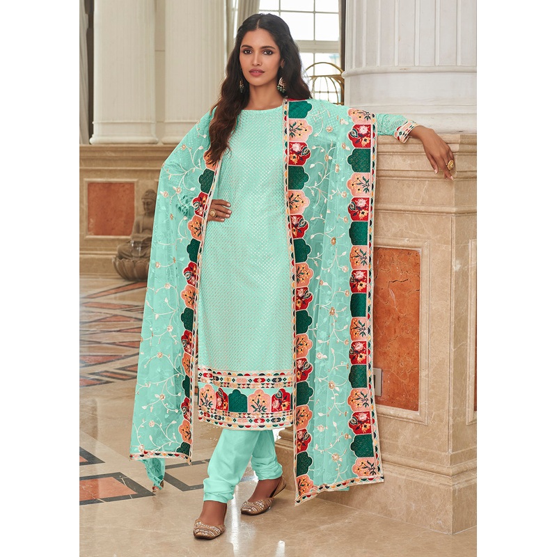 Pretty Aqua Blue Traditional Sequins Eid Wear Salwar Suit