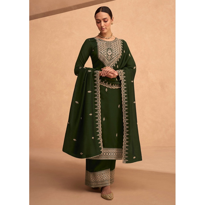 Pretty Green Premium Silk Embroidered Indian Palazzo Suit
