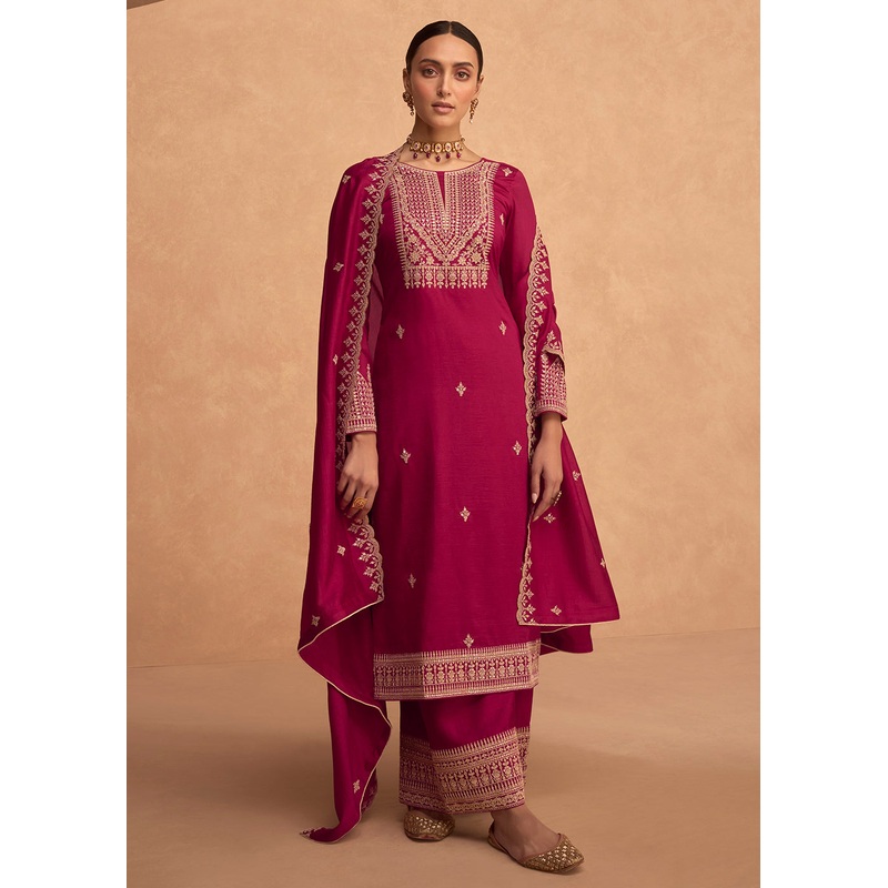 Pretty Hot Pink Premium Silk Embroidered Indian Palazzo Suit