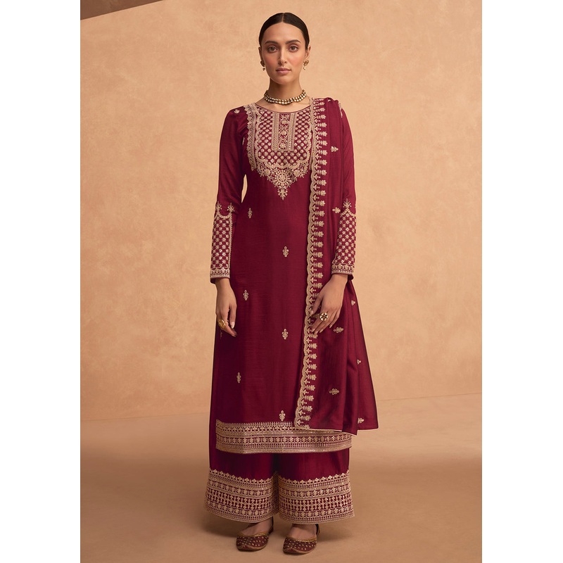 Pretty Maroon Premium Silk Embroidered Indian Palazzo Suit