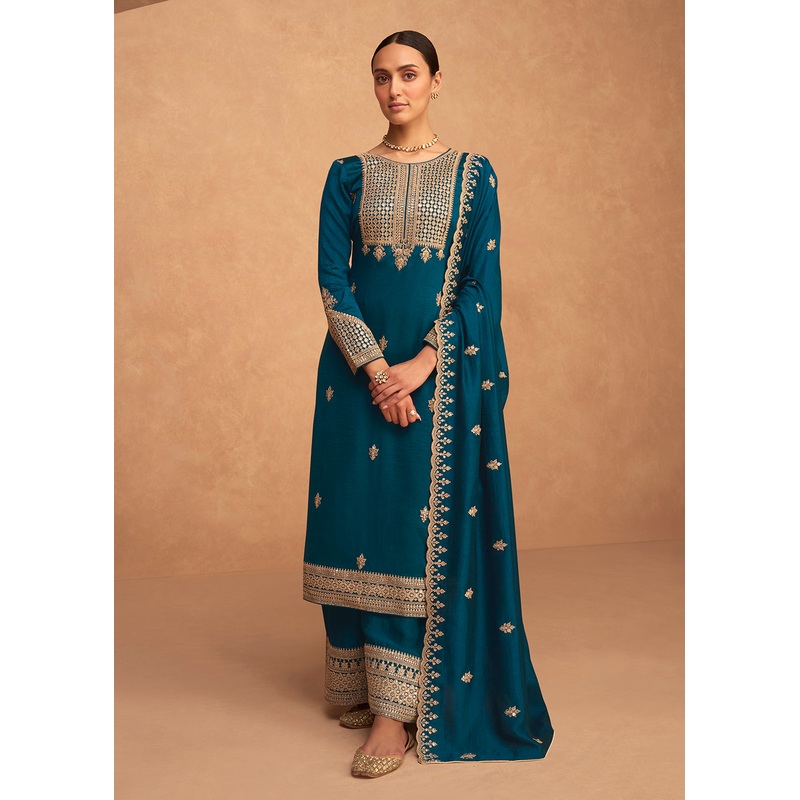 Pretty Teal Blue Premium Silk Embroidered Indian Palazzo Suit