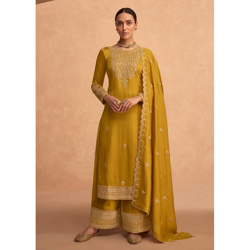 Pretty Yellow Premium Silk Embroidered Indian Palazzo Suit