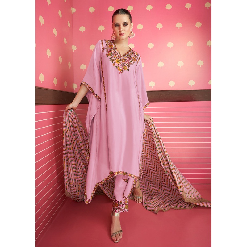 Rose Pink Silk Satin Kaftan Style Chinon Pant Style Suit
