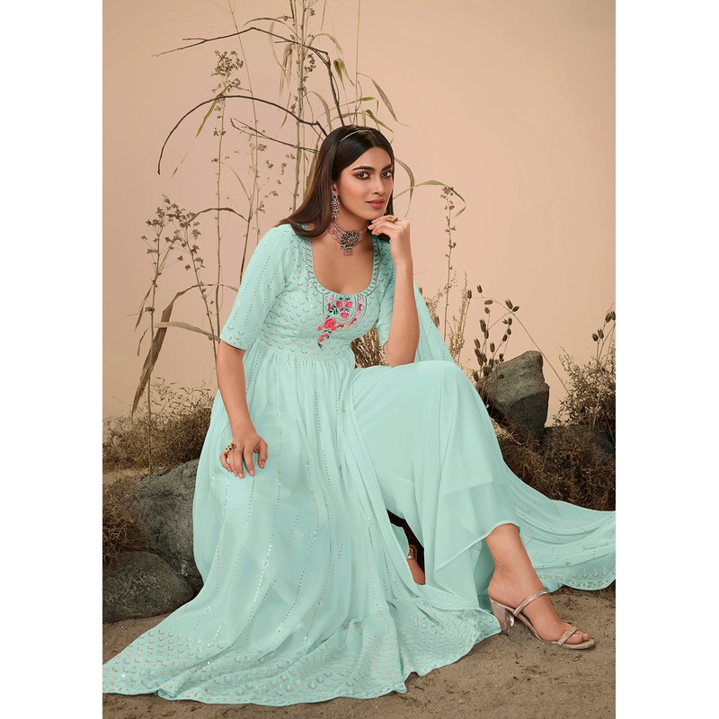 Sassy Festive Sky Blue Georgette Palazzo Salwar Suit