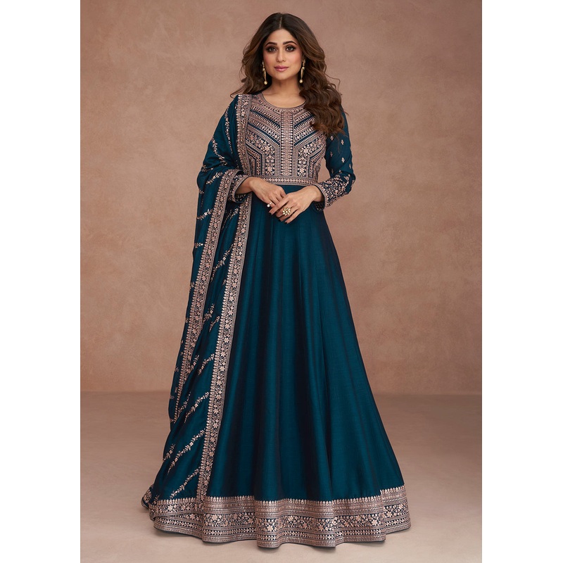 Shamita Shetty Festive Blazing Teal Blue Silk Anarkali Suit