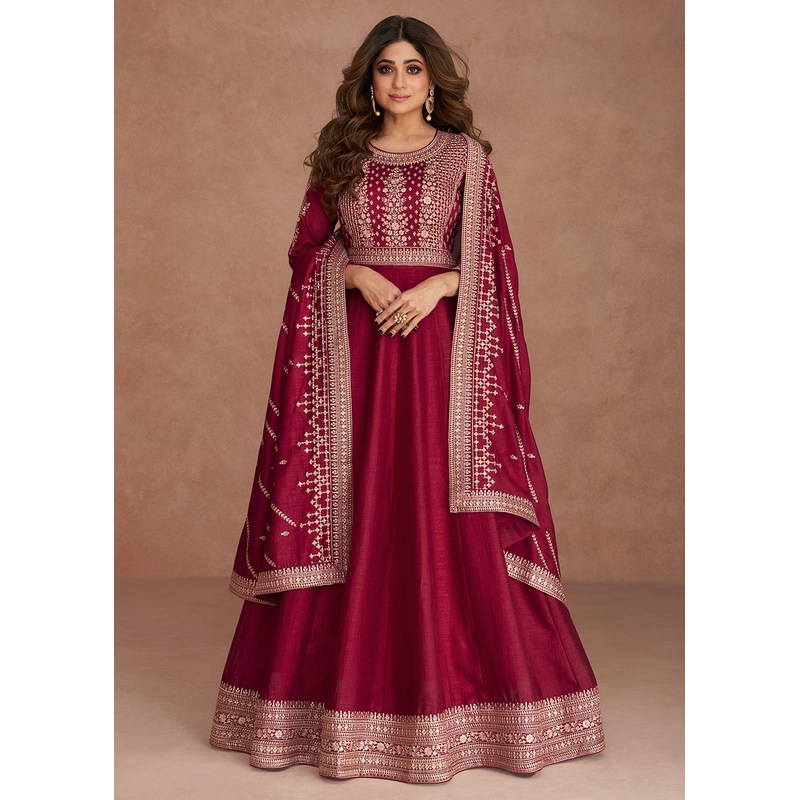 Shamita Shetty Festive Crimson Pink Silk Anarkali Suit