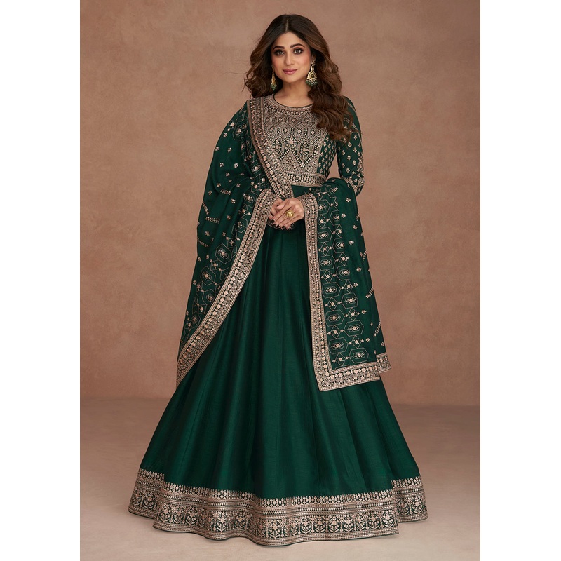 Shamita Shetty Festive Dark Green Silk Anarkali Suit