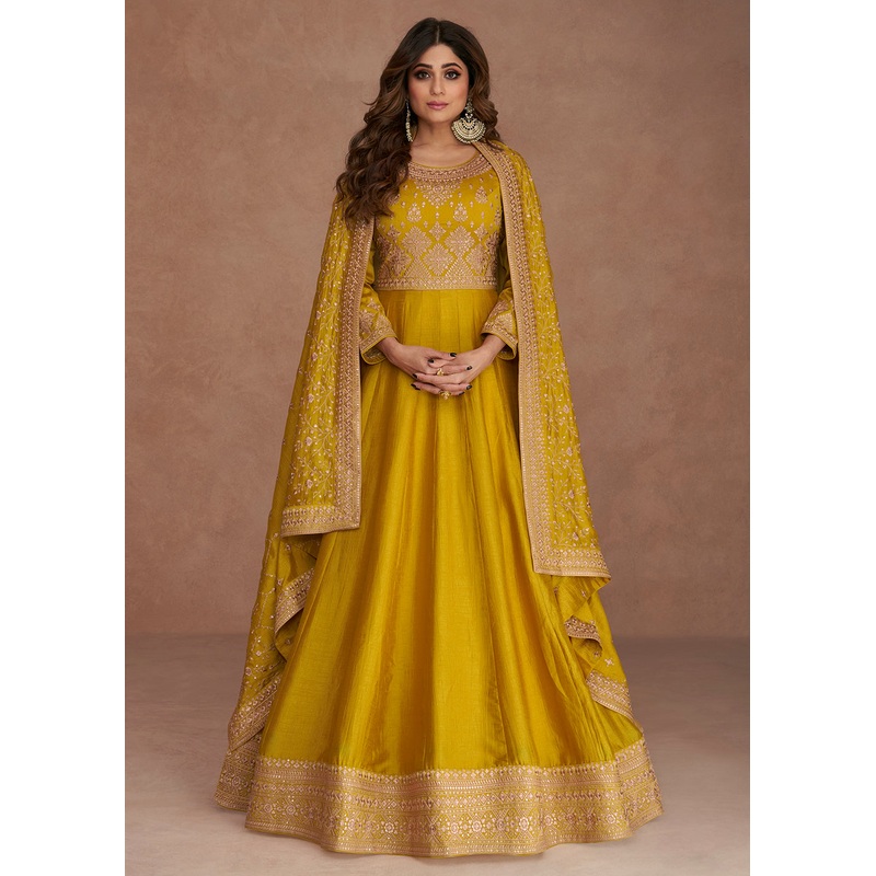 Shamita Shetty Festive Enticing Yellow Silk Anarkali Suit
