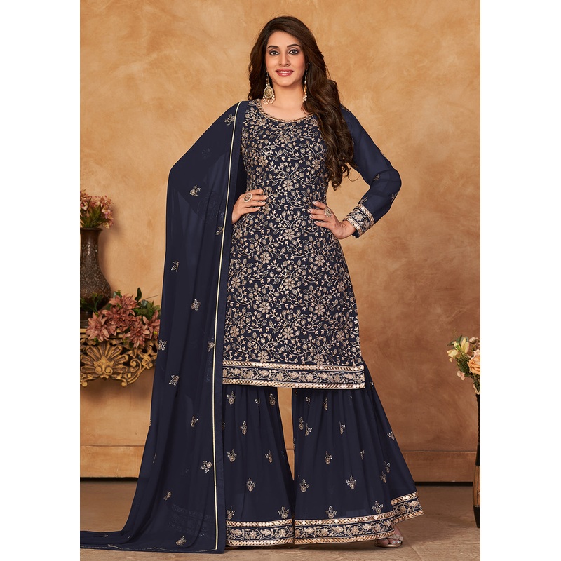 Soothing Navy Blue Embroidered Ceremonial Gharara Suit