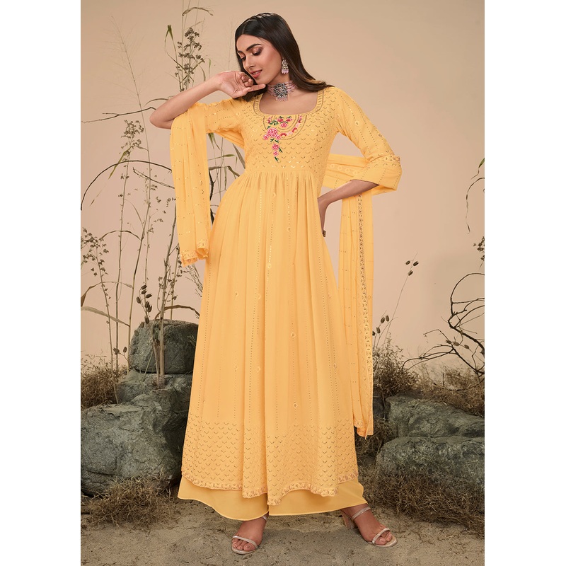 Splendid Festive Yellow Georgette Palazzo Salwar Suit