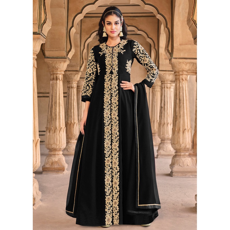 Stone Embroidered Divine Black Slit Style Anarkali Suit