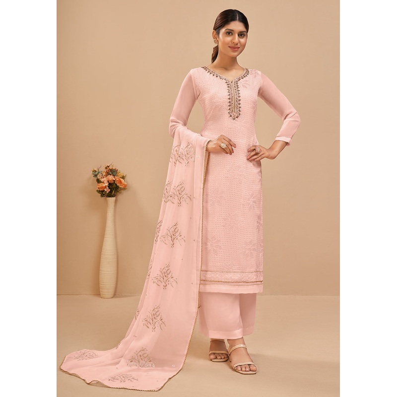 Stunning Peach Sequins & Khatli Work Festive Palazzo Suit