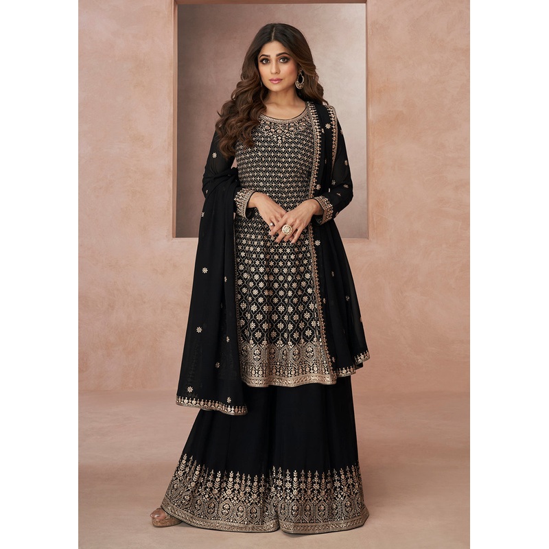 Tempting Festive Look Black Georgette Palazzo Style Suit