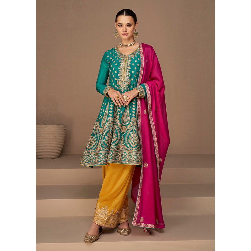 Traditional Look Aqua Blue Chinon Silk Punjabi Style Suit