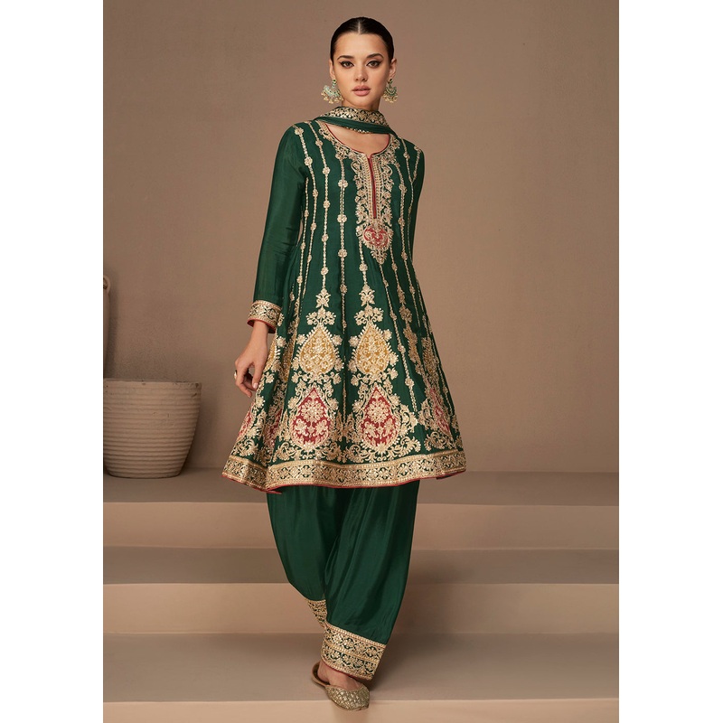 Traditional Look Dark Green Chinon Silk Punjabi Style Suit