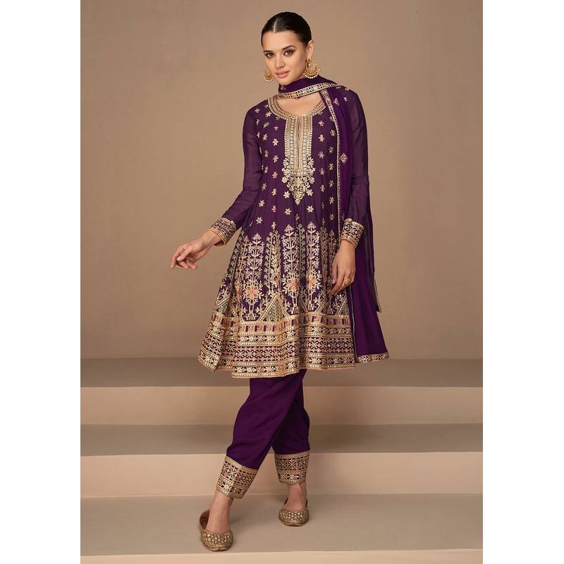 Traditional Look Wine Purple Chinon Silk Punjabi Style Suit