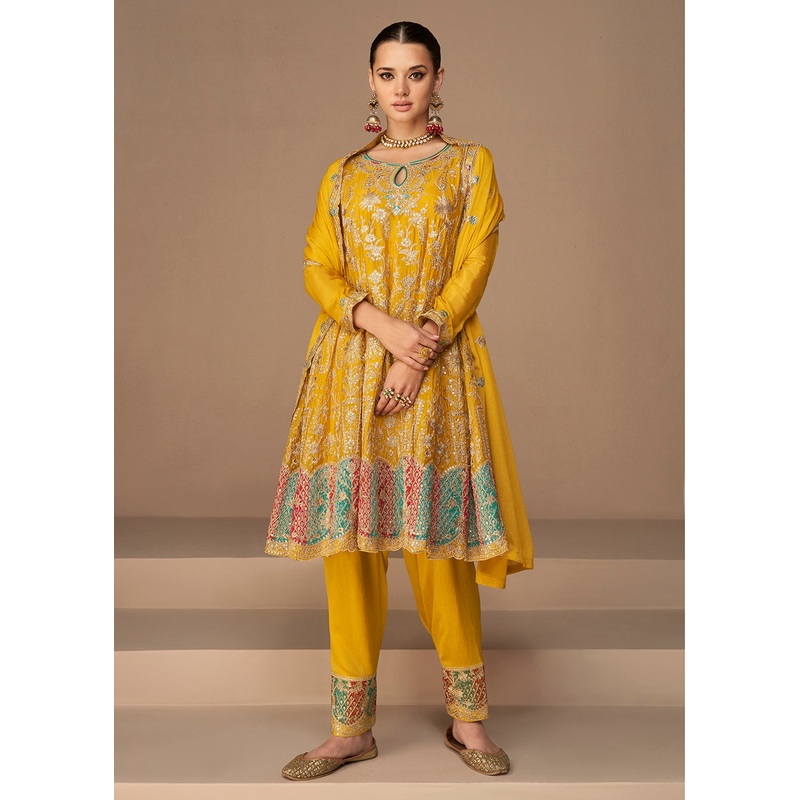 Traditional Look Yellow Chinon Silk Punjabi Style Suit