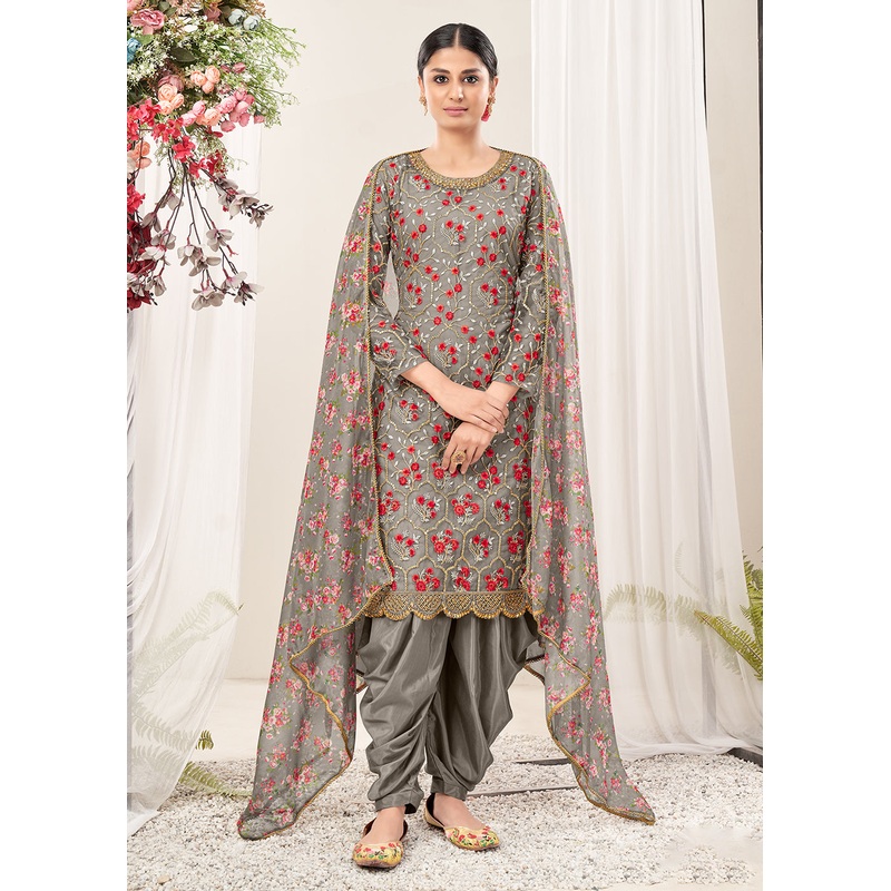 Vivid Grey Festive Look Net Patiala Salwar Suit