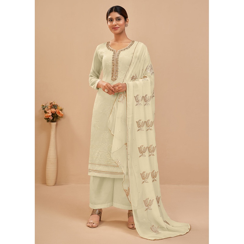 Alluring Off White Sequins & Khatli Work Festive Palazzo Suit