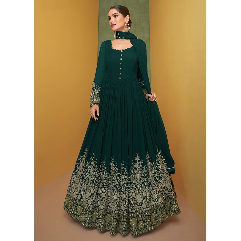Appealing Bottle Green Wedding Embroidered Bridal Anarkali Gown