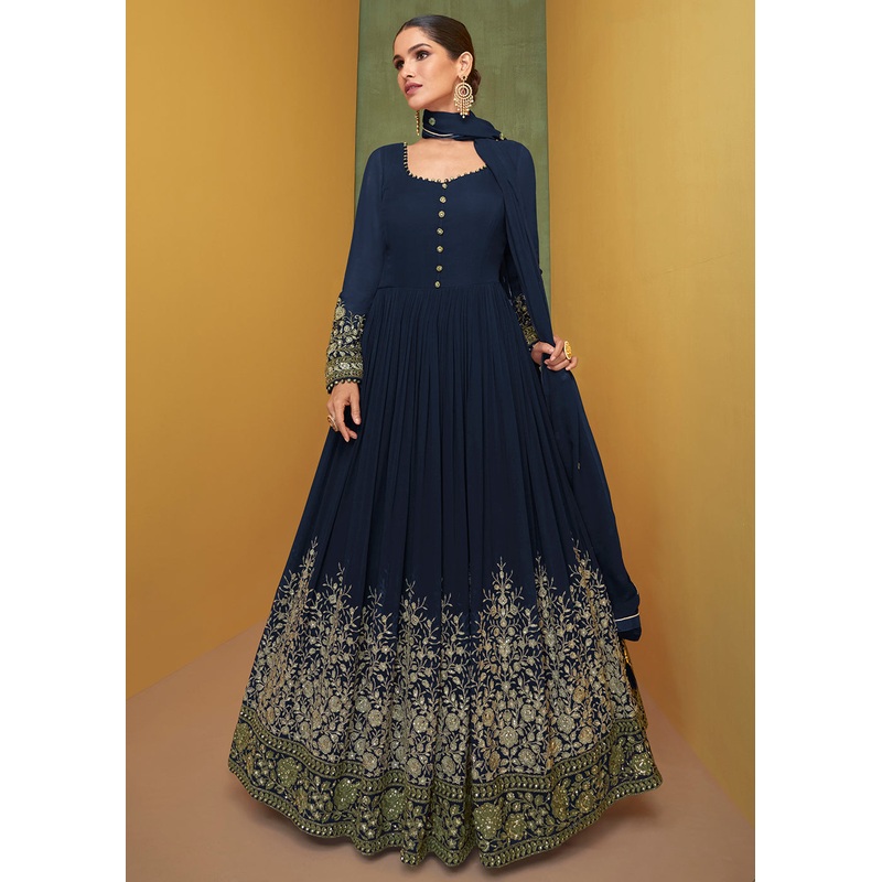 Appealing Navy Blue Wedding Embroidered Bridal Anarkali Gown