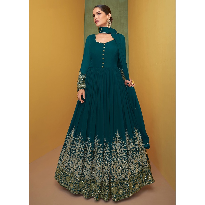 Appealing Teal Blue Wedding Embroidered Bridal Anarkali Gown