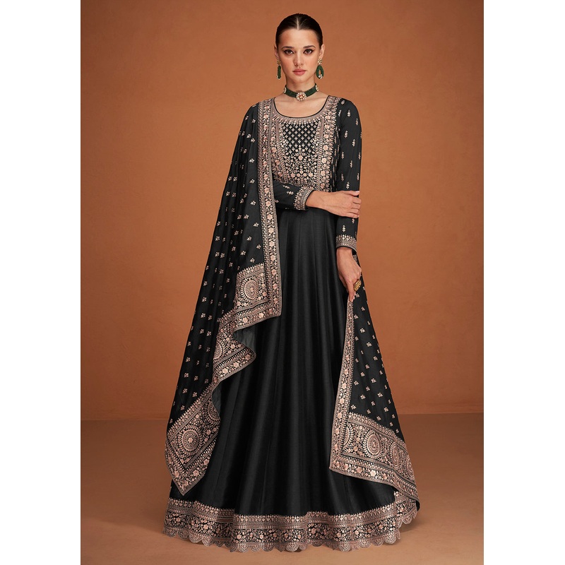 Astonishing Black Silk Embroidered Party Wear Anarkali