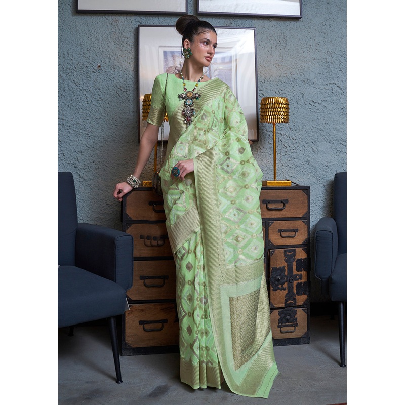 Astonishing Pastel Green Zari Weaving Linen Designer Saree