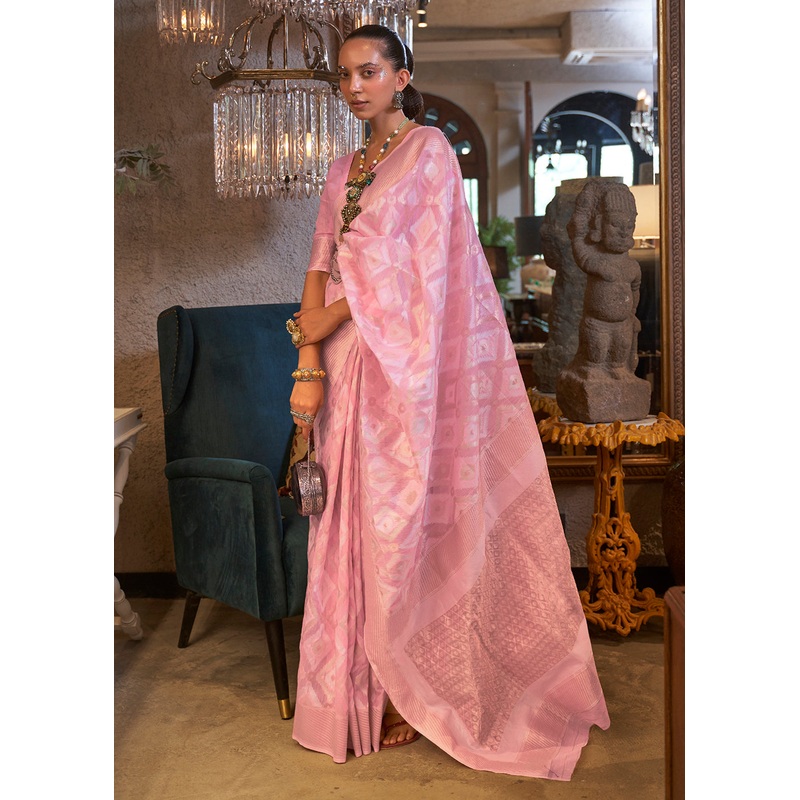 Astounding Pink Zari Weaving Linen Designer Saree
