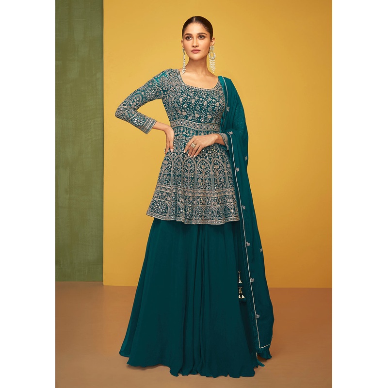 Attractive Teal Georgette Fabric Skirt Style Designer Palazzo Suit