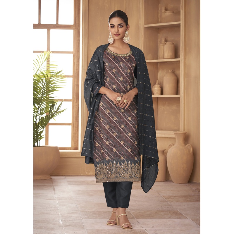 Beatific Grey Russian Silk Embroidered Pant Style Suit