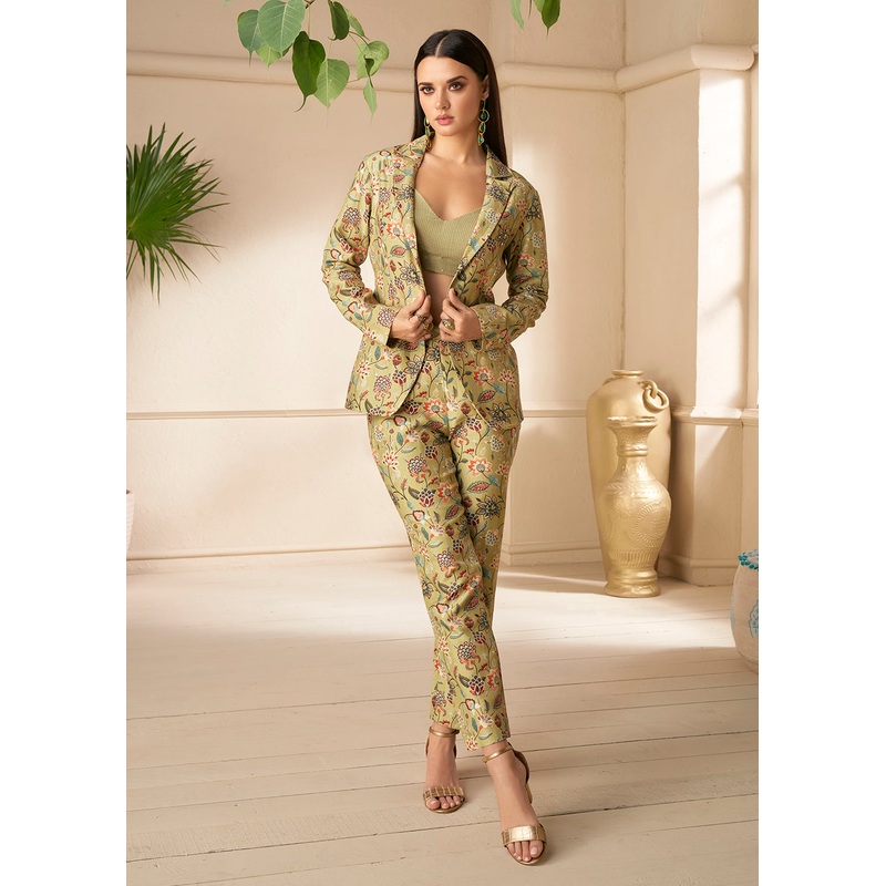 Beauteous Sheen Green Silk Party Wear 3 Piece Co-ord Sets
