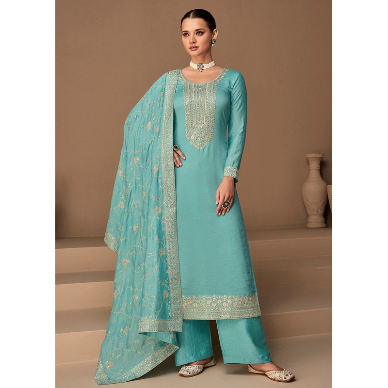 Beautiful Aqua Blue & Gold Embroidered Premium Silk Salwar Suit