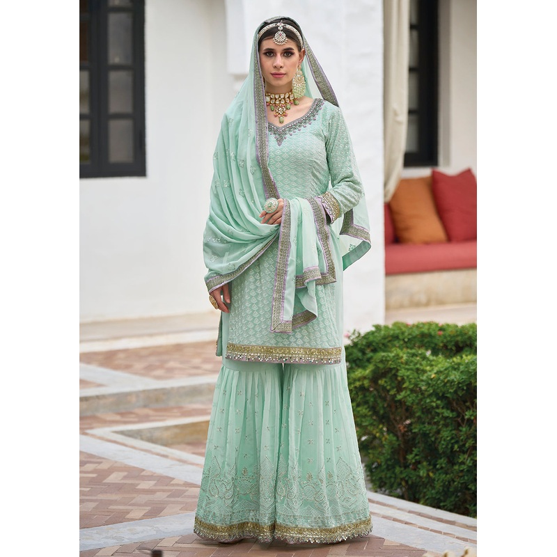 Beautiful Aqua Blue Heavy Embroidered Festive Gharara Style Suit