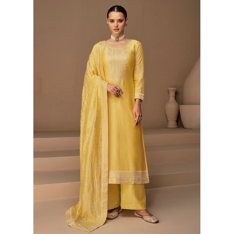 Beautiful Bright Yellow & Gold Embroidered Premium Silk Salwar Suit