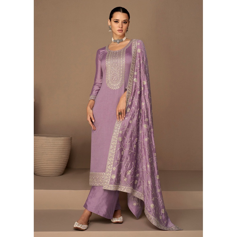 Beautiful Lavender & Gold Embroidered Premium Silk Salwar Suit