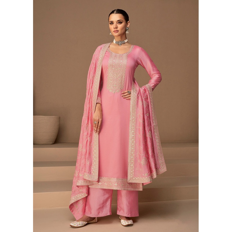 Beautiful Rose Pink & Gold Embroidered Premium Silk Salwar Suit