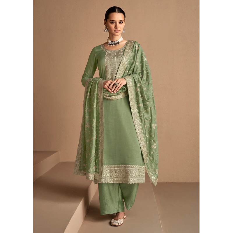 Beautiful Soft Green & Gold Embroidered Premium Silk Salwar Suit