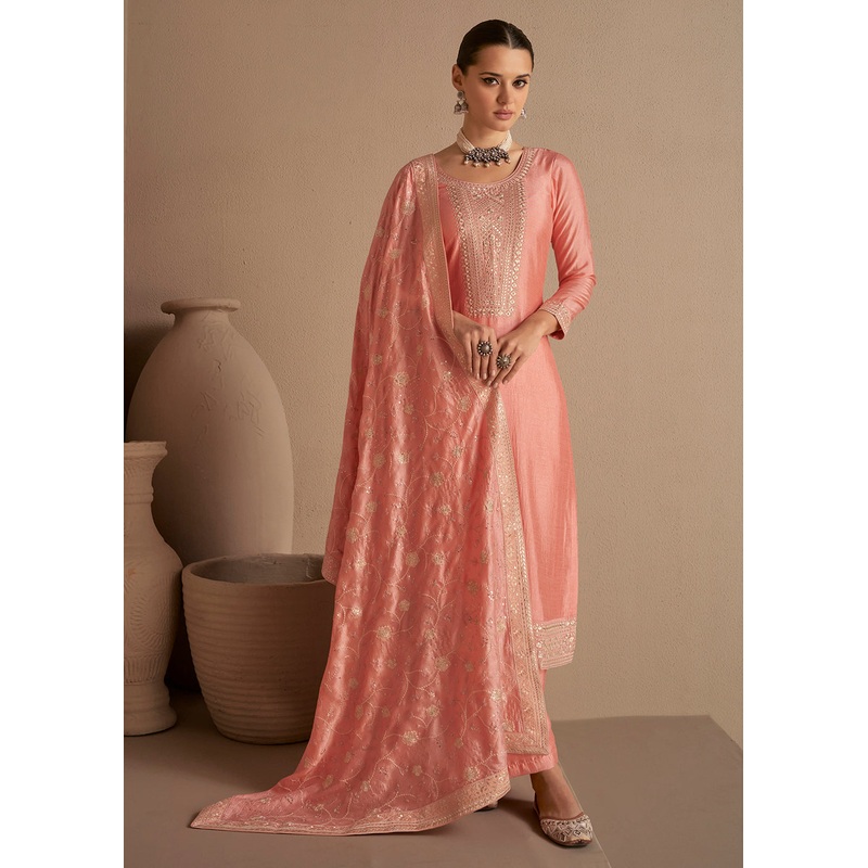 Beautiful Soft Peach & Gold Embroidered Premium Silk Salwar Suit