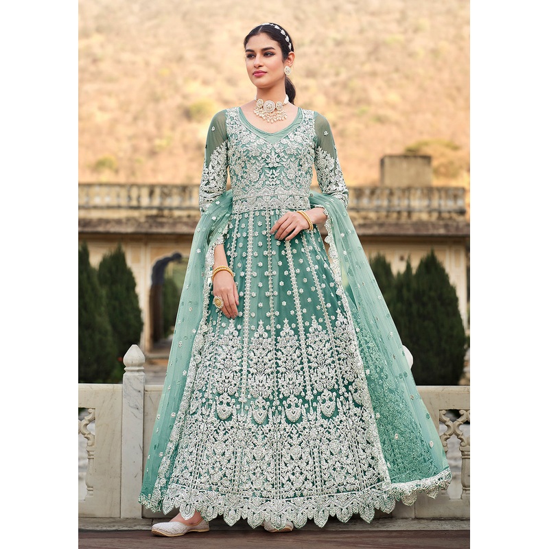 Butterfly Net Green Embroidered Wedding Bridesmaid Anarkali Suit