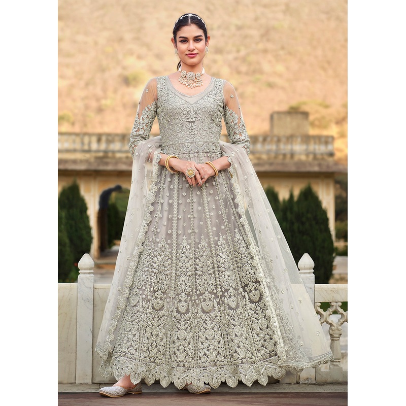 Butterfly Net Grey Embroidered Wedding Bridesmaid Anarkali Suit