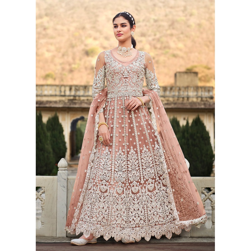 Butterfly Net Peach Embroidered Wedding Bridesmaid Anarkali Suit