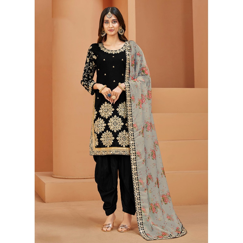 Charming Art Silk Black Mirror Embroidered Patiala Salwar Kameez