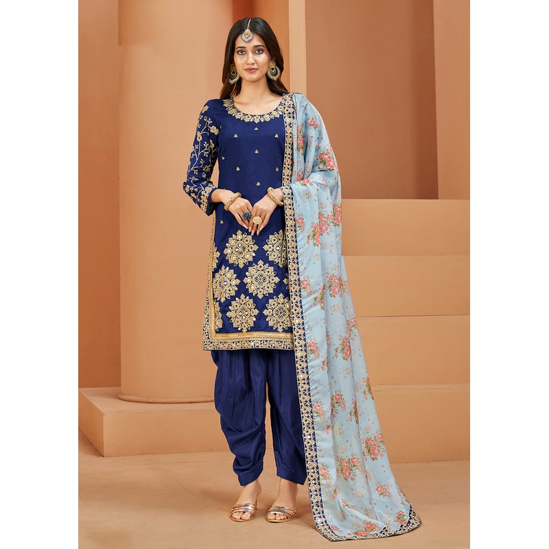 Charming Art Silk Blue Mirror Embroidered Patiala Salwar Kameez