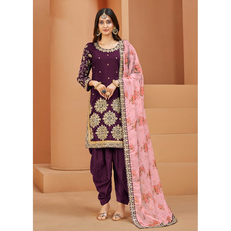 Charming Art Silk Purple Mirror Embroidered Patiala Salwar Kameez