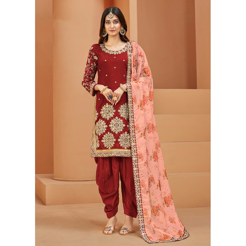 Charming Art Silk Red Mirror Embroidered Patiala Salwar Kameez