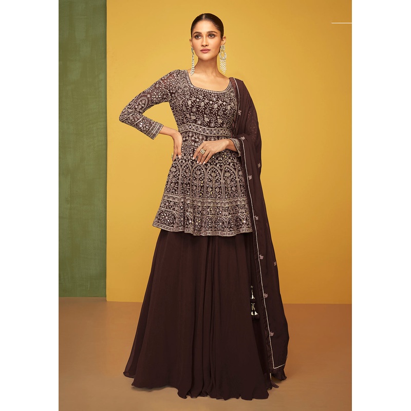 Charming Brown Georgette Fabric Skirt Style Designer Palazzo Suit