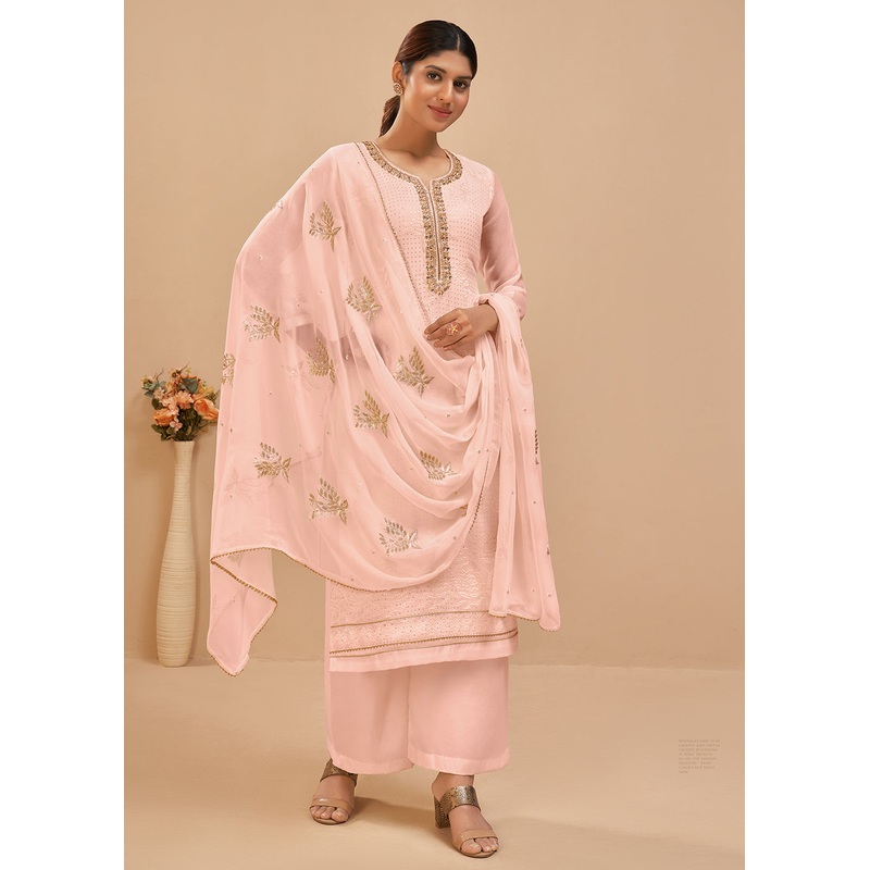 Charming Peach Sequins & Khatli Work Festive Palazzo Suit